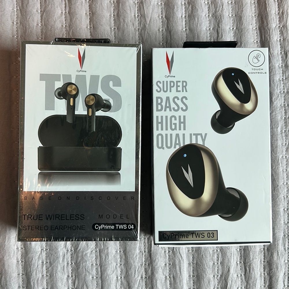 2 pairs of brand new CyPrime True Wireless Stereo earphones.